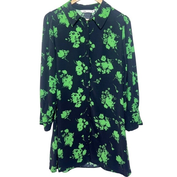 Zara The Nadia Women Black Green Floral Button Front Shirt Mini Dress Size XL - Picture 2 of 7